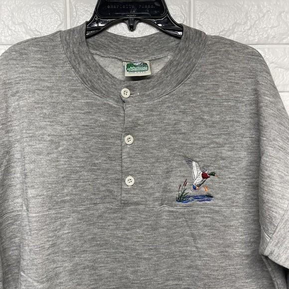 Vintage Duck Embroidered 3 Button Front Henley Crewneck Made In USA Men Sz L EUC - Picture 2 of 11